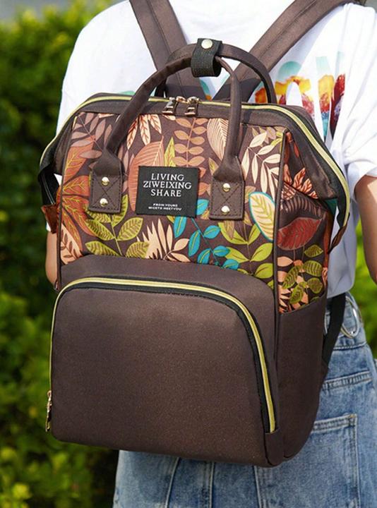 Produktbild Only-Bags.Store Leaf Print Diaper Bag, Top Handle Mommy Backpack, Casual Travel Daypack mit Bottle Pockets
