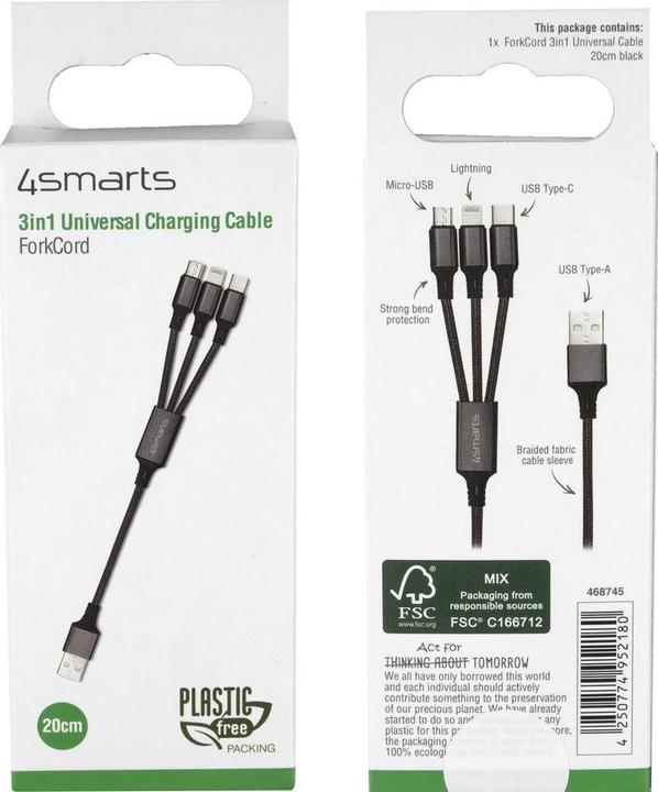 Produktbild 4smarts 3-in-1 Multiladekabel (0.20 m, USB 2.0)