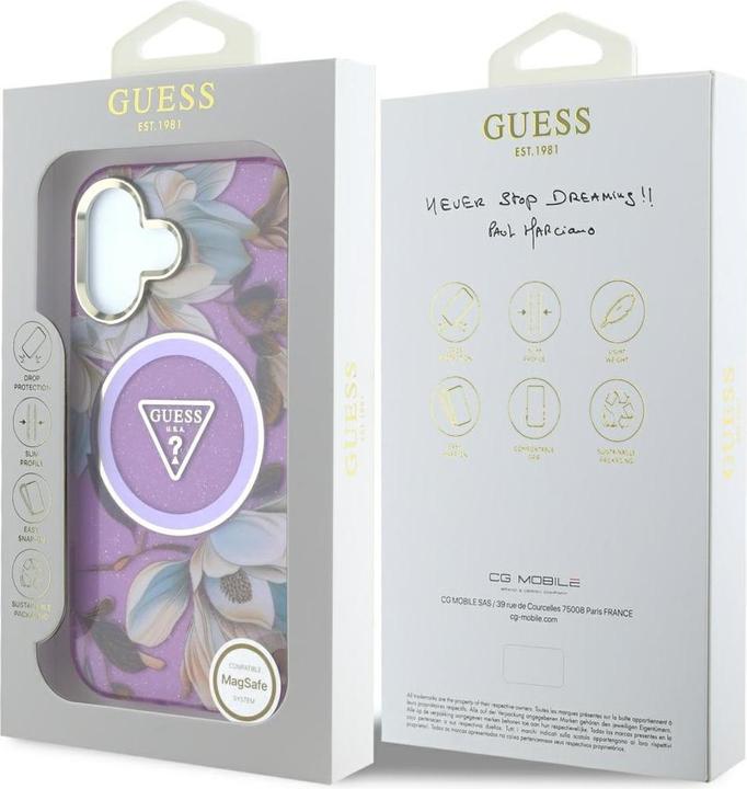 Immagine prodotto Guess Glitter Flowers Triangle Buttons MagSafe Case for iPhone 16 Purple (Apple iPhone 16)