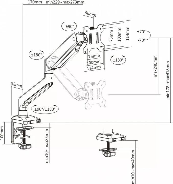 Produktbild Ergo Office Monitorhalter Aluminium mit Gasfeder, Doppelgriff, VESA 75x75 (Tisch, 32")