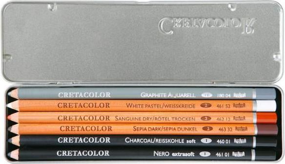 Actual product image Cretacolor Drawing pencil 6pcs. basic set (Nero, Coal, Sepia, Sanguine, White chalk, Graphite Watercolour 4B, 6 x)