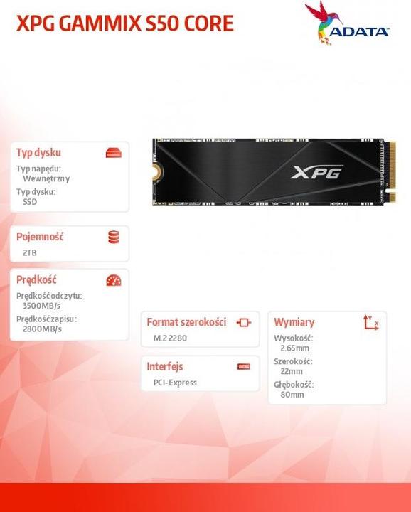 Image du produit Adata SSD 2TB PCI-E NVMe XPG Gammix S50 CORE détail (2000 Go, M.2 2280)
