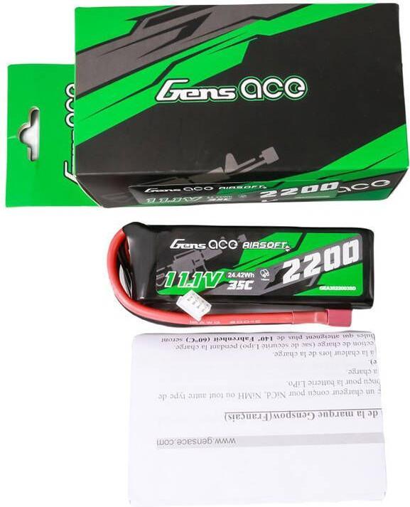 Actual product image Gens Ace 35C 2200mAh 3S1P 11.1V Airsoft Gun Lipo Battery with T Plug (11.10 V, 2200 mAh)