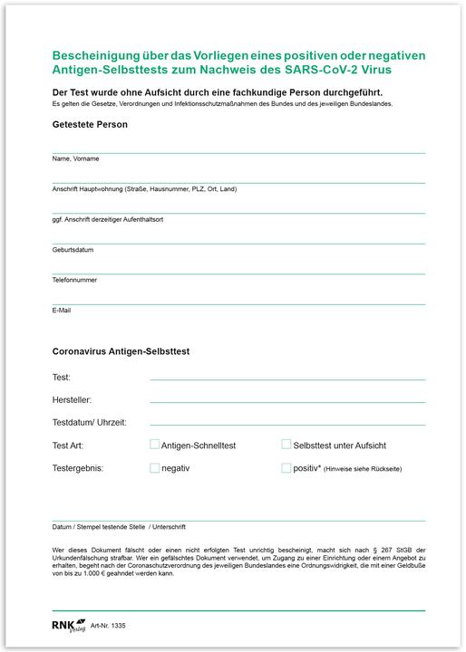 Rnk Block A5 Bescheinigung Selbsttest weiss