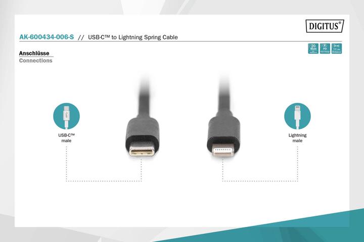 Immagine prodotto Digitus Cavo a spirale da USB 2.0 - USB - C a Lightning (1 m, USB 2.0)