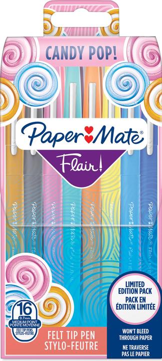 Produktbild Paper Mate Flair Candy Pop (Flieder, Salted Caramel, traube, Orange, Himbeere, Ringelblume, Blueberry Bubblegum, Hellgrün, Braun, 16 x)