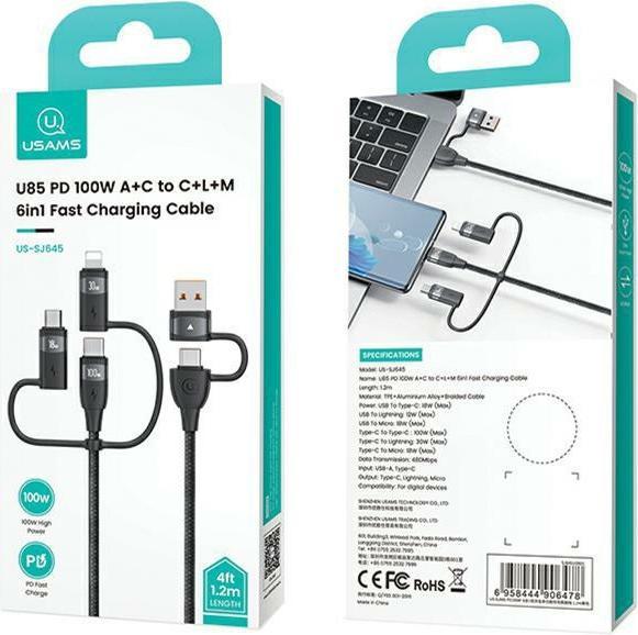 Image du produit Usams US-SJ645 U85 PD100W A+C to C+L+M 6in1 Fast Charging Cable 1.2m (1.20 m, USB 3.0)
