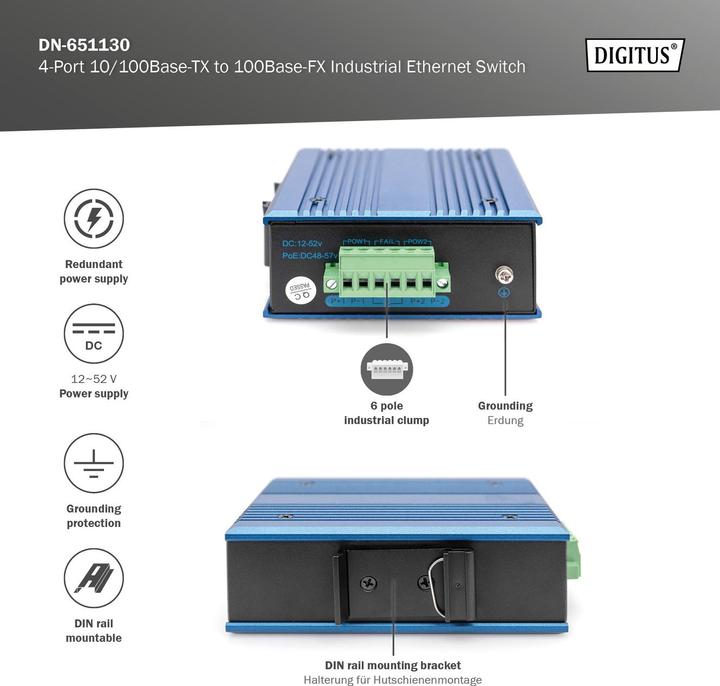 Actual product image Digitus 4-Port 10/100Base-TX to 100Base-FX Industrial Ethernet Switch (4 Ports)