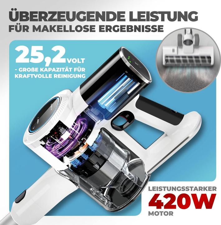 Immagine prodotto KLAMER Akkustaubsauger, 420 Watt, 2 Akkus und mit verschiedenen Aufsätzen