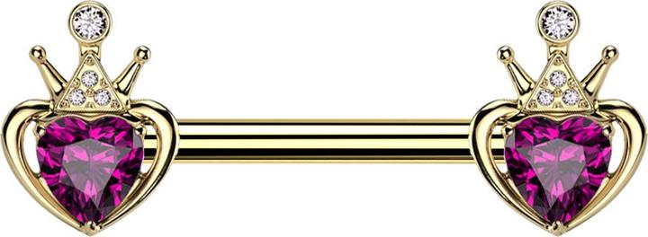 Produktbild Star Piercing Barbell vergoldet mit zwei Aufsätze Herzkrone Kristall rosa (Messing, Chirurgenstahl 316L)
