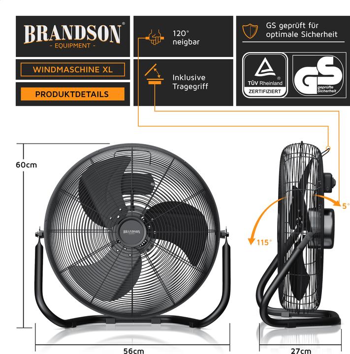 Immagine prodotto Brandson Macchina del vento 53,5 cm Ø, ventilatore retrò da pavimento 200W inclinabile, maniglia per il (67 dB)