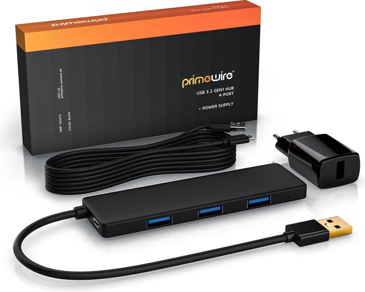 Produktbild Primewire 4-Port aktiver Ultra Slim USB 3.2 Hub Verteiler mit Netzteil (Micro USB, USB-A, 4 Ports)