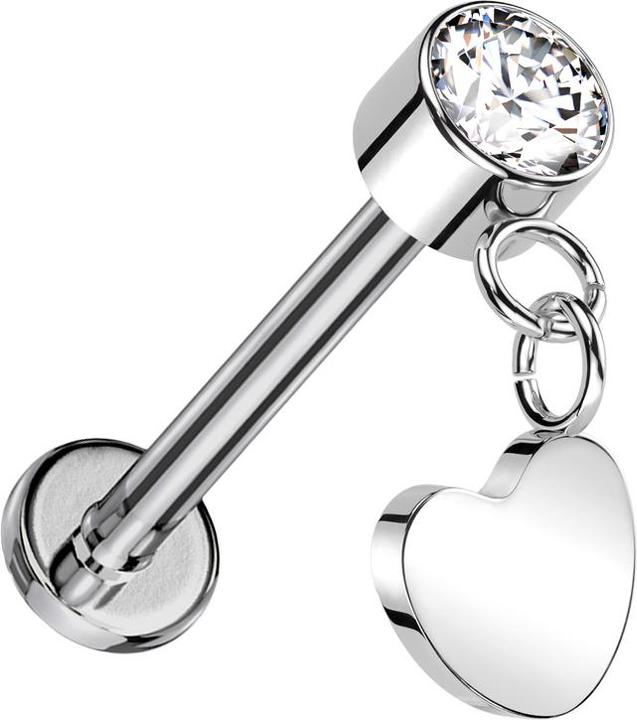 Image du produit Star Piercing Micro Threadless Labret argent Cylindre argent Cristal argent Pendentif coeur argent (Titane G23, sans laiton)