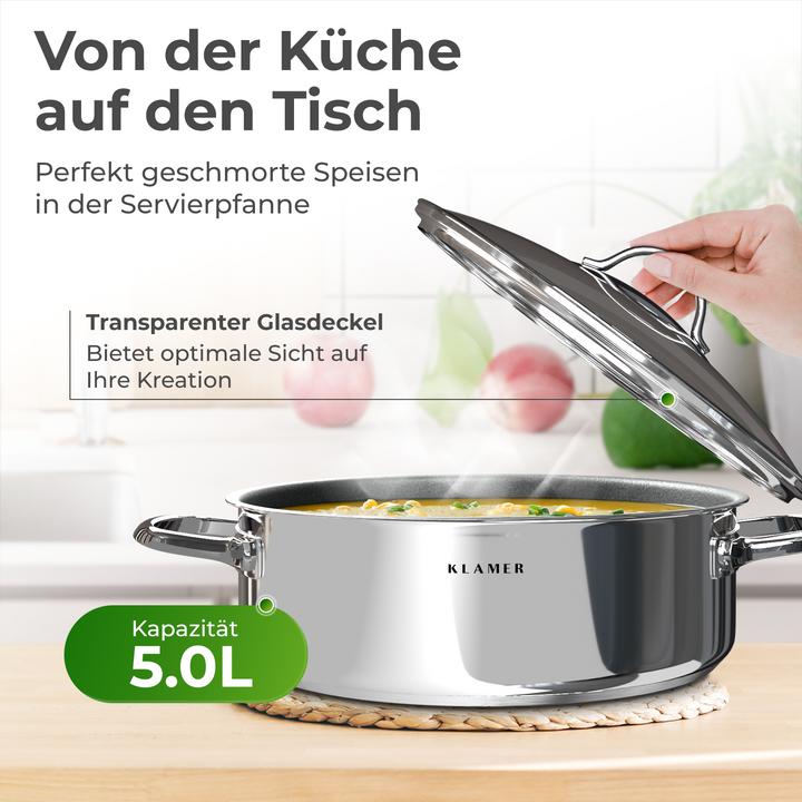 Produktbild KLAMER 28cm Induktion Servierpfanne, Antihaft, Backofenfest, inkl. Deckel (28 cm, Pfannenset + Topfset, Edelstahl)