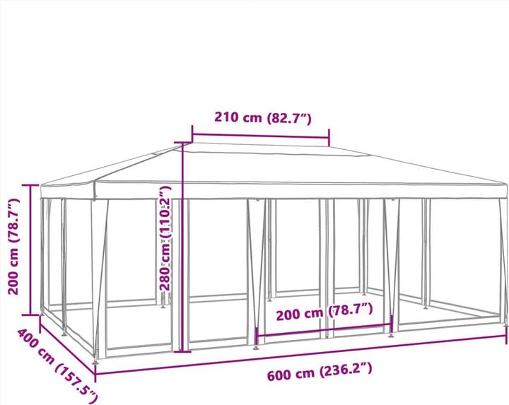 Immagine prodotto VidaXL Partyzelt Pavillon Festzelt mit 10 Mesh-Seitenteilen Weiss 6x4m HDPE (600 cm, 400 cm)