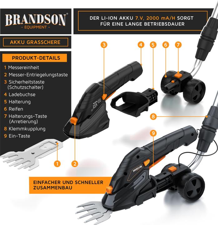 Actual product image Brandson Cordless grass shears, electric garden shrub shears, telescopic pole 90-130 cm with wheels, lawn (Cordless hedgecutters)