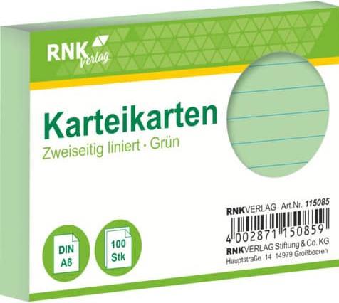 Produktbild Rnk Karteikarten grün, Ausführung: liniert, DIN A8 (170 g/m², 100 x)
