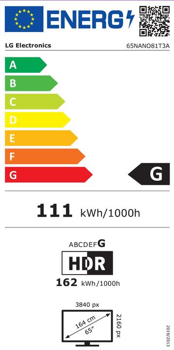 Label énergétique LG TV Set||65"|4K/Smart||Wireless LAN|Bluetooth|webOS|65NANO81T3A (65", NANO81, Nano-Cell, 4K, 2024)