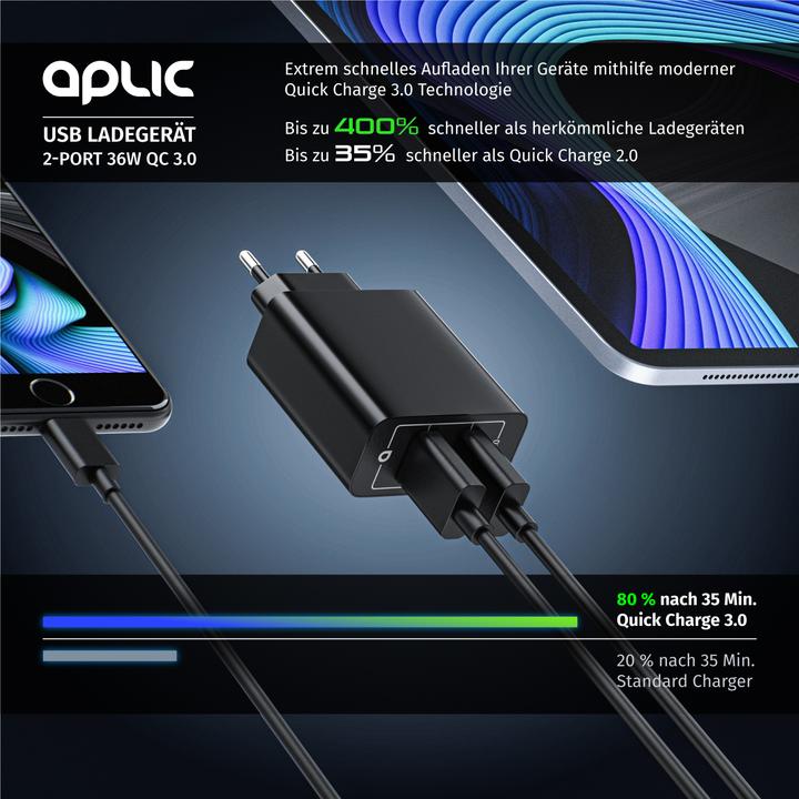 Immagine prodotto Aplic Caricatore USB, caricatore USB a 2 porte Quick Charge 36 W / 6000 mA / funzione di ricarica rapida (36 W)