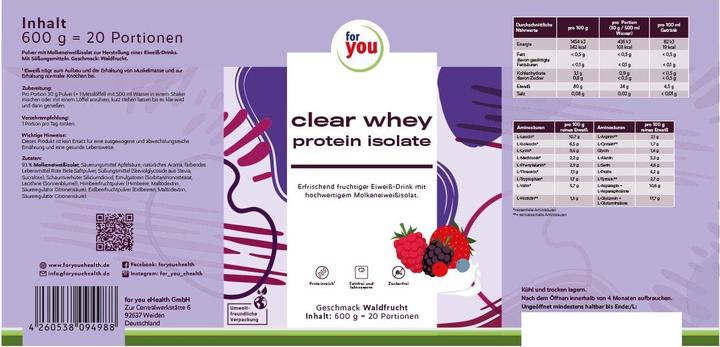 Valori nutrizionali e ingredienti For You proteine del siero del latte isolate chiare - frutti di bosco (Frutti di bosco, 1 pz., 600 g)