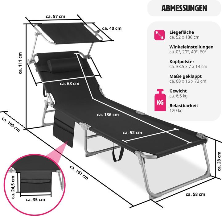 Actual product image tectake Chloé Sun Lounger 4-Position, Headrest and Bag (161 cm)