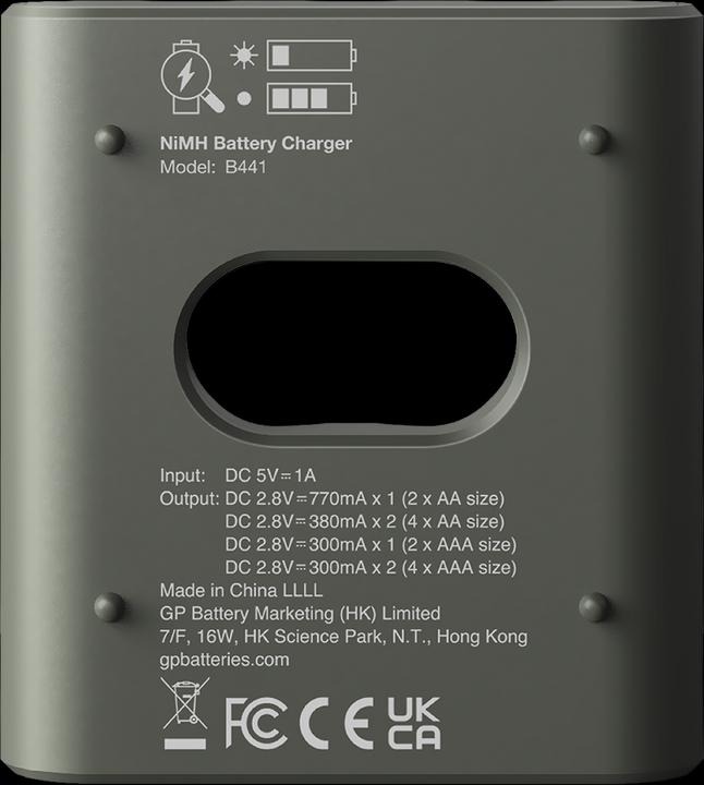 Productafbeelding GP Batteries GP ReCyko Everyday Batterijlader, B441 (USB), incl. 4 x AAA 850 mAh batterijen (4 Pcs., AAA, 850 mAh, Oplaadbare batterijen + lader)