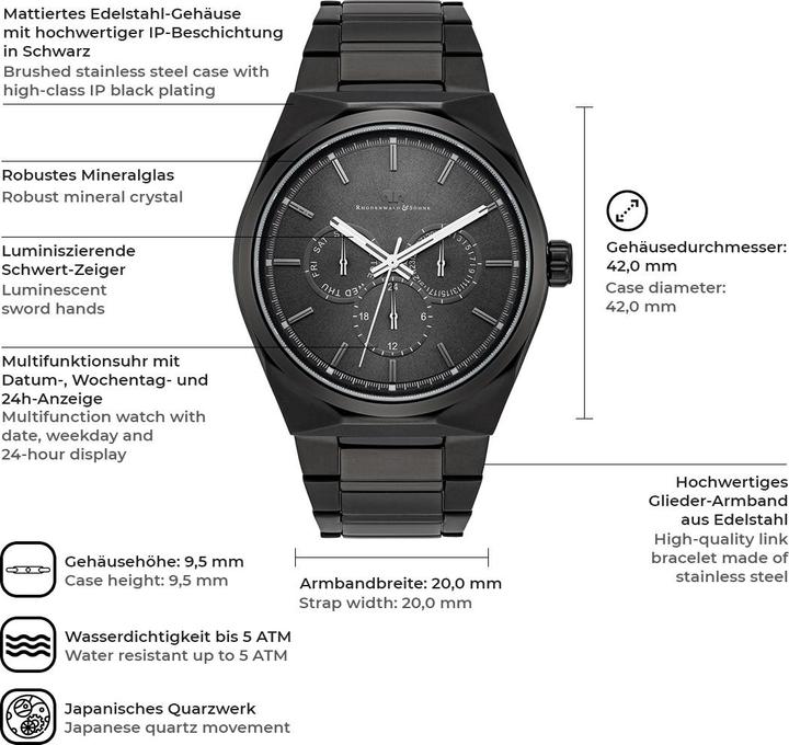 Actual product image Men's multifunctions Cooledge stainless steel black - 5610 (Analogue wristwatch, 42 mm)