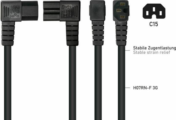 Actual product image Kabelmeister Mains cable earthing contact plug type E+F (90° threaded) to hot appliance socket C15 (r. threaded) (0.50 m)