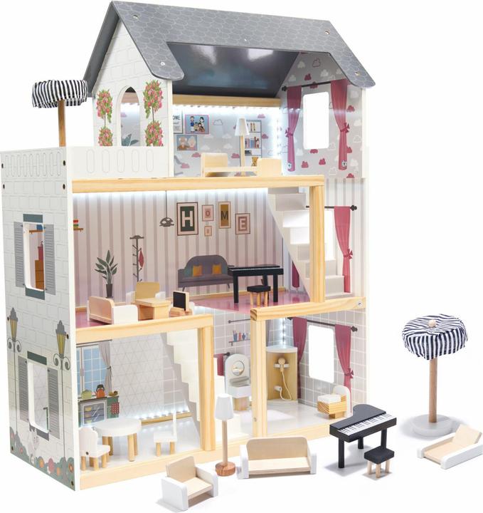 Ikonka Casa delle bambole in legno MDF + mobili 78cm nero LED