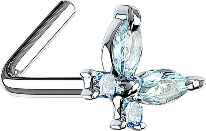 Produktbild Star Piercing Nasenstecker gewinkelt silber Schmetterling mit Kristallen aqua (Chirurgenstahl 316L, Messing)