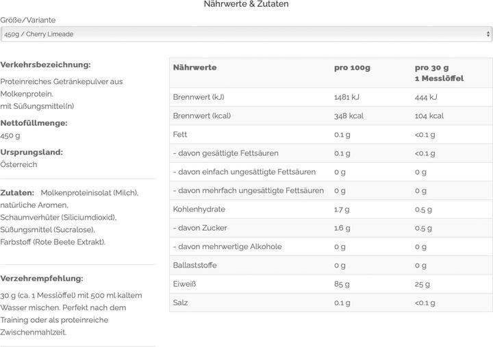 Nutritional values and ingredients Vast AWHEY Clear (Cherry Limeade, 1 pcs., 450 g)