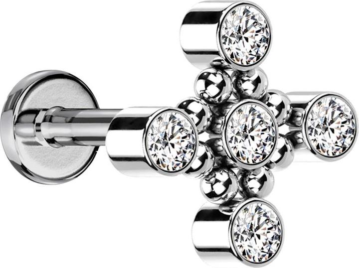 Image du produit Star Piercing Micro Labret femelle argenté Carré huit boules cinq cristaux argenté (sans laiton, Titane G23)