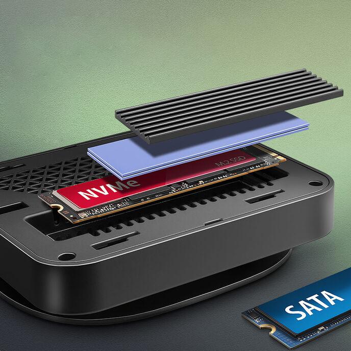 Actual product image Axagon HMC-UFO USB-C hub, M.2 SATA/NVMe, 1 Gbit/s Ethernet, 384 kHz audio - black/silver (USB-C, 3 Ports)
