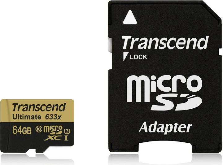 Transcend microSDXC Ultimate 633x UHS-I U3 with adapter (64 GB, microSDXC, U3, UHS-I)