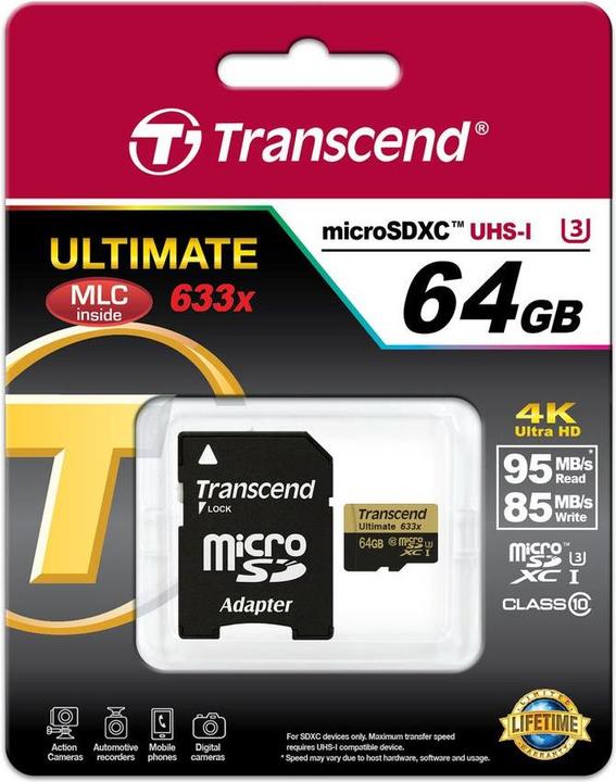 Actual product image Transcend microSDXC Ultimate 633x UHS-I U3 with adapter (64 GB, microSDXC, U3, UHS-I)