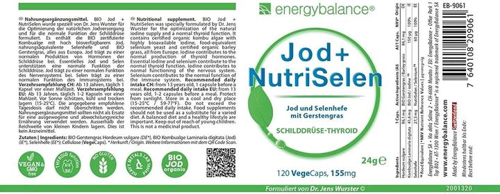 Valori nutrizionali e ingredienti Energybalance Iodio organico + NutriSelenio (120 Pezzo/i, Pillole, 24 g)