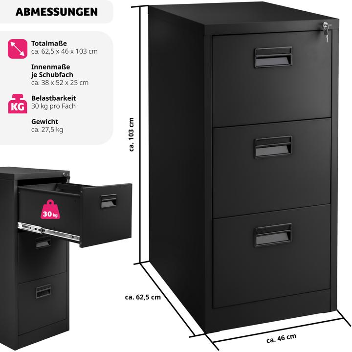 Actual product image tectake Filing Cabinet - 3 drawers, suspension rails, lockable, label holders