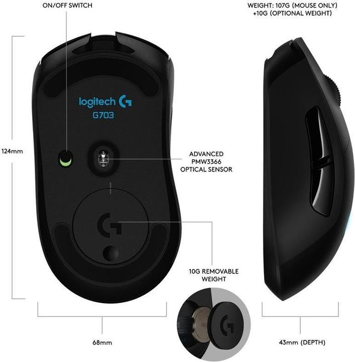 Produktbild Logitech G G703 Lightspeed (Kabelgebunden, Kabellos)