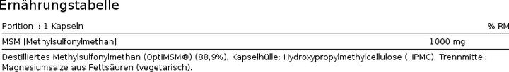 Nährwerte und Zutaten Zein Pharma OptiMSM (120 Stück, Kapseln, 135 g)
