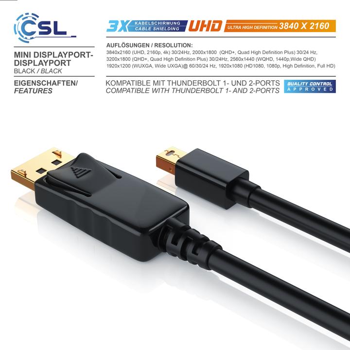 Actual product image CSL Mini DisplayPort to DisplayPort Cable - Audio Video Cable - FullHD - compatible Apple Lenovo Surface (1 m, DisplayPort)