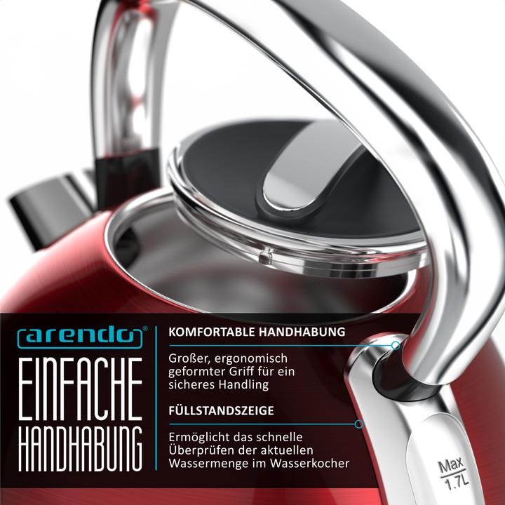 Produktbild Arendo Wasserkocher 1,7 l, 2200 W, Edelstahl, Retro Style, Vintage, Überhitzungs & Trockenkochschutz, rot (1.70 l)