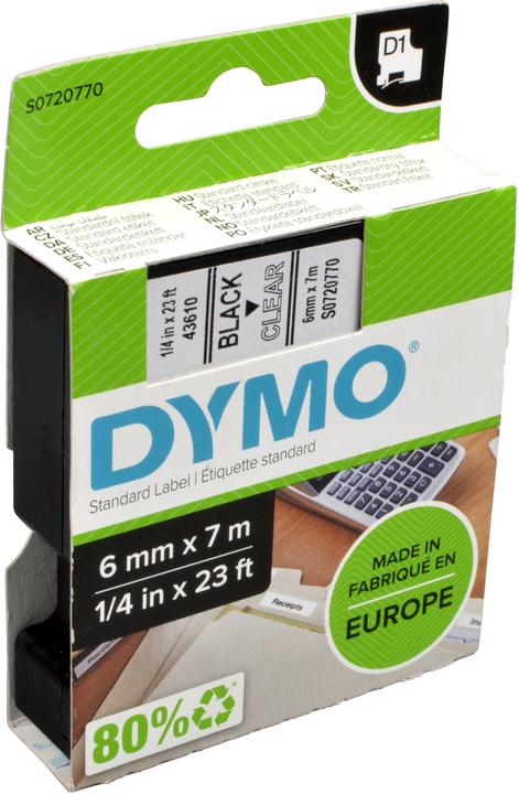 Produktbild Dymo D1 Schriftband 43610 6mmx7.0m schwarz->transp. (0.60 cm, Transparent, Schwarz)