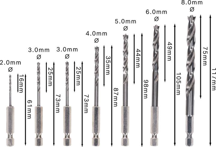 Actual product image Bosch Professional Zubehör PRO Wood HSS wood twist drill bit set. 7 pcs. (6 mm, 3 mm, 5 mm, 8 mm, 2 mm, 4 mm)