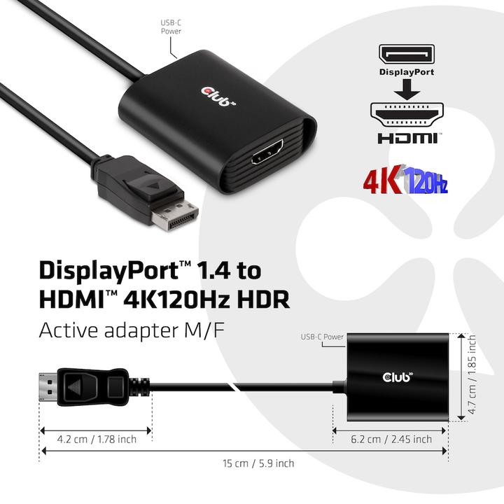Immagine prodotto Club 3D Adattatore DP 1.4 a HDMI 4K120Hz HDR attivo (HDMI, 6.20 cm)