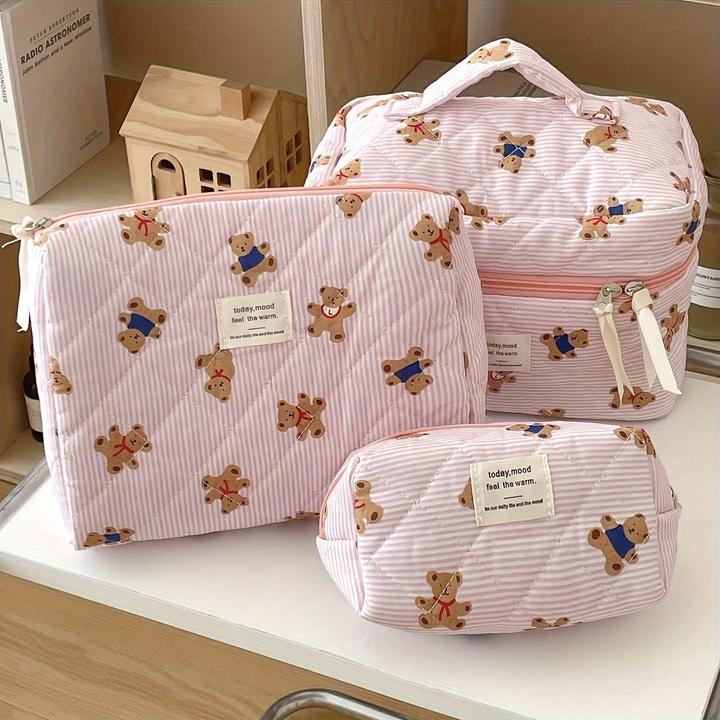 Only-Bags.Store Cosy quilted teddy bear cosmetic bag - perfect for travelling or school - soft