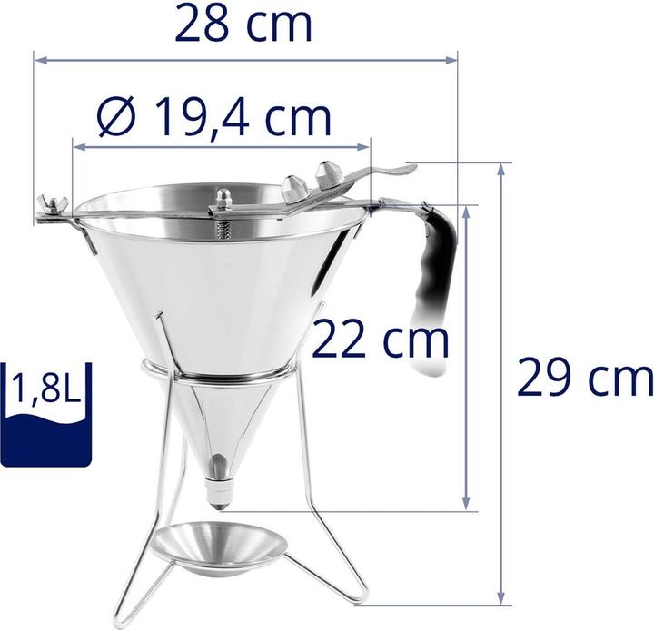 Produktbild Royal Catering Fülltrichter Likörtrichter Gebäckfüller 1,8 l Edelstahl 3 Dosierspitzen Ablage