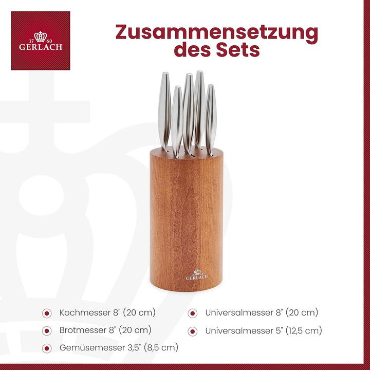 Produktbild Gerlach Messerblock, 6-teiliges Messerset, Küchenmesser aus X50CrMoV15 Edelstahl mit Holzblock, Fine