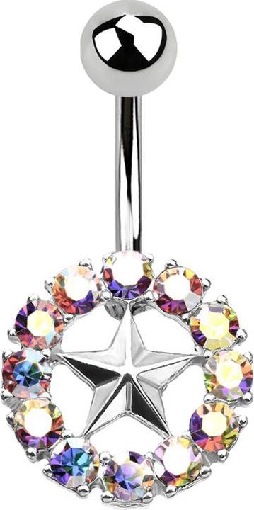 Star Piercing Banane silber Stern mit Kristallkreis multicolor (Chirurgenstahl 316L, Messing)