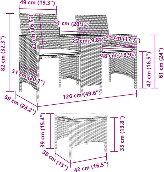 Image du produit VidaXL Canapé de jardin 2 places avec table et tabourets