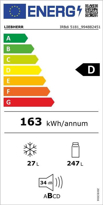 Energy Label Liebherr Integrated refrigerator with BioFresh Professional (274 l)